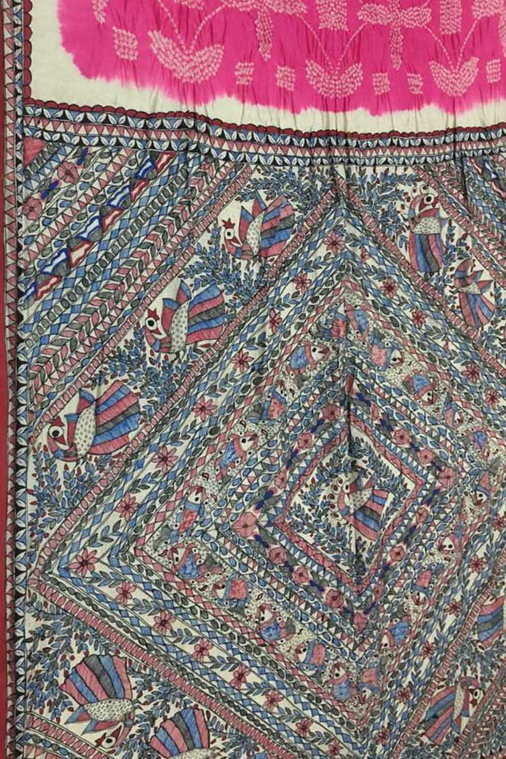 Pink Pure Tussar Silk Bandhani Saree With Hand Painted Madhubani Border Pallu - Luxurion World