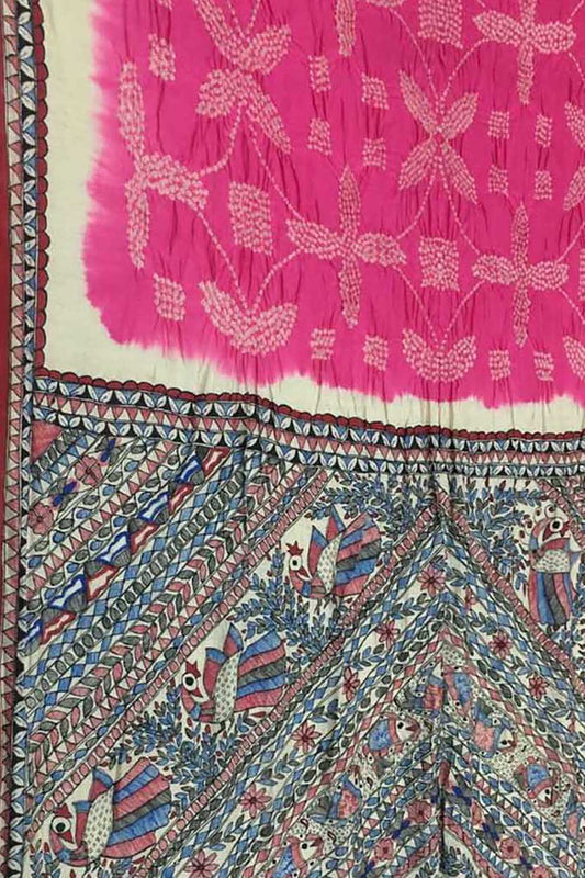Pink Pure Tussar Silk Bandhani Saree With Hand Painted Madhubani Border Pallu