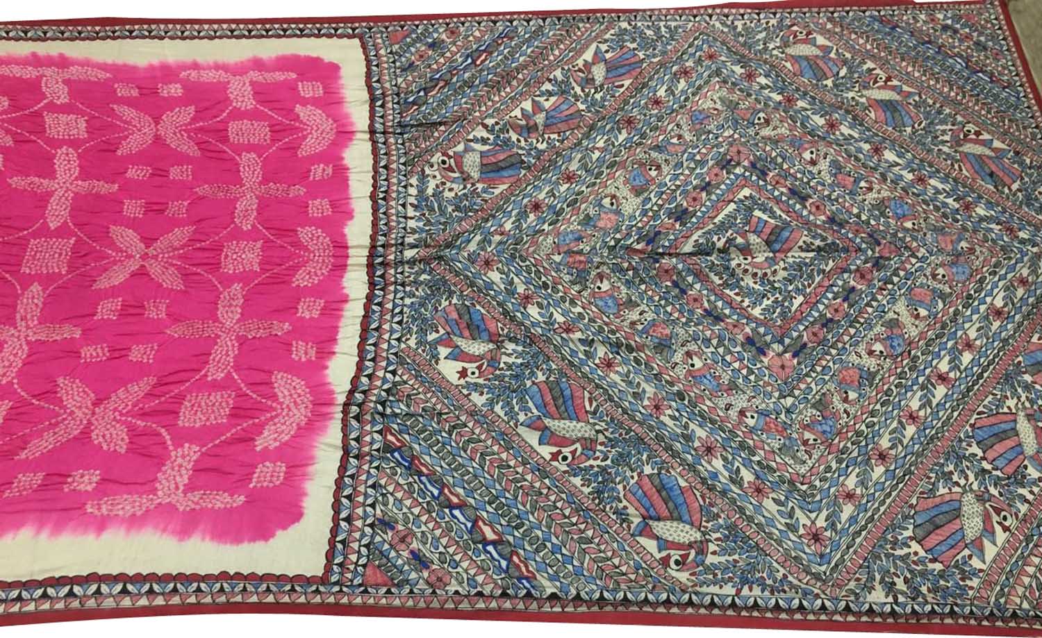 Pink Pure Tussar Silk Bandhani Saree With Hand Painted Madhubani Border Pallu - Luxurion World