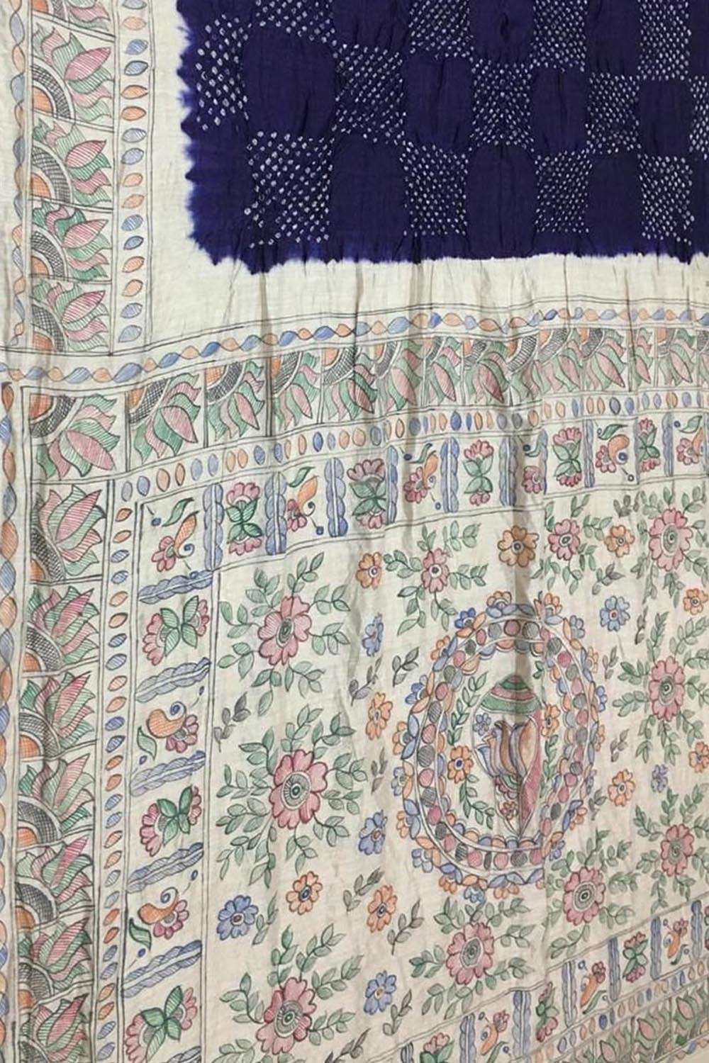 Blue Pure Tussar Silk Bandhani Saree With Hand Painted Madhubani Border Pallu - Luxurion World