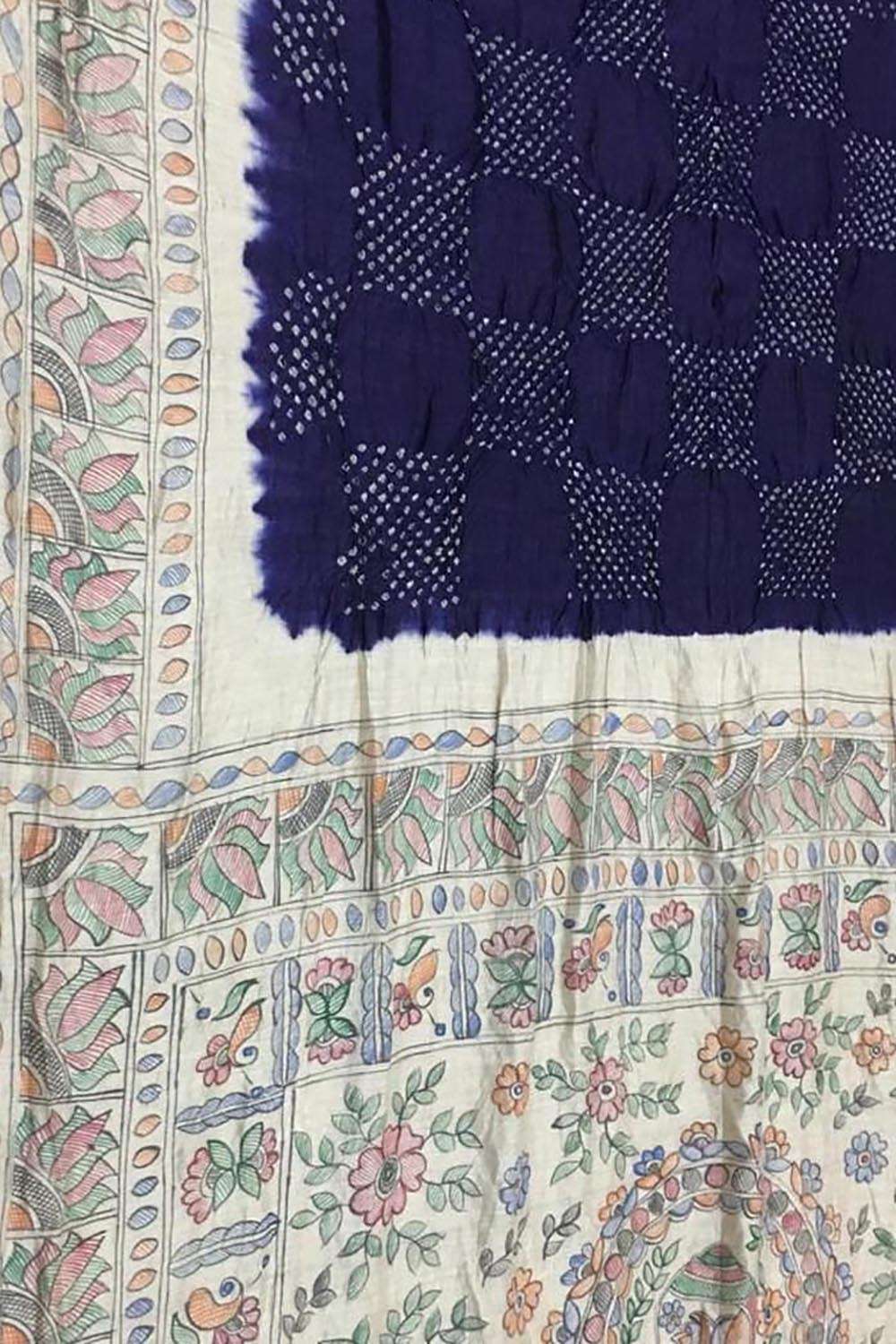 Blue Pure Tussar Silk Bandhani Saree With Hand Painted Madhubani Border Pallu - Luxurion World