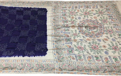 Blue Pure Tussar Silk Bandhani Saree With Hand Painted Madhubani Border Pallu - Luxurion World