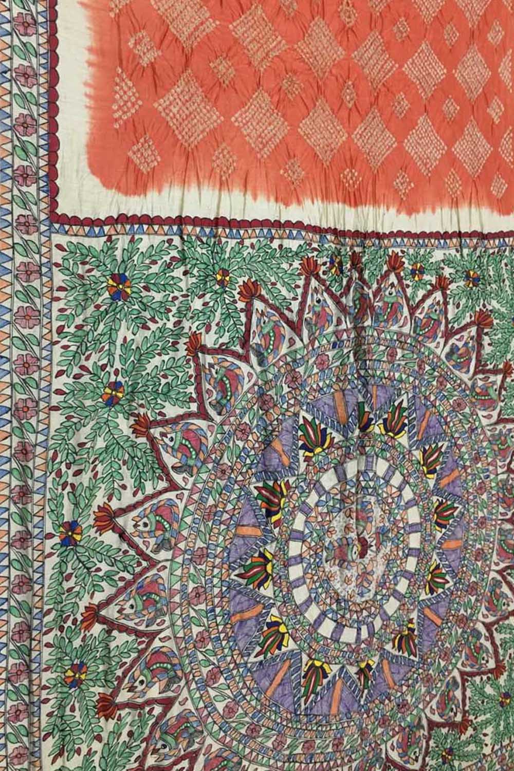 Orange Pure Tussar Silk Bandhani Saree With Hand Painted Madhubani Border Pallu - Luxurion World