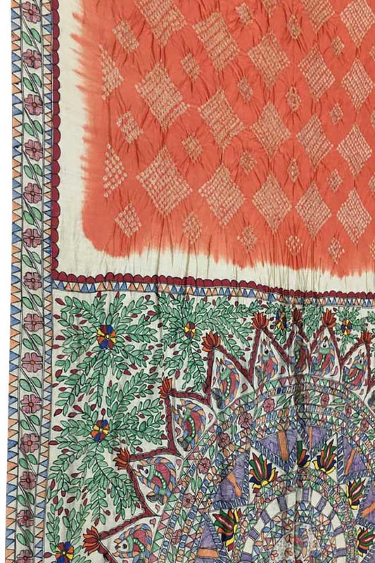 PS1B2KJ126042104 Orange Pure Tussar Silk Bandhani Saree With Hand Painted Madhubani Border Pallu Luxurion World- Crafted Heirlooms