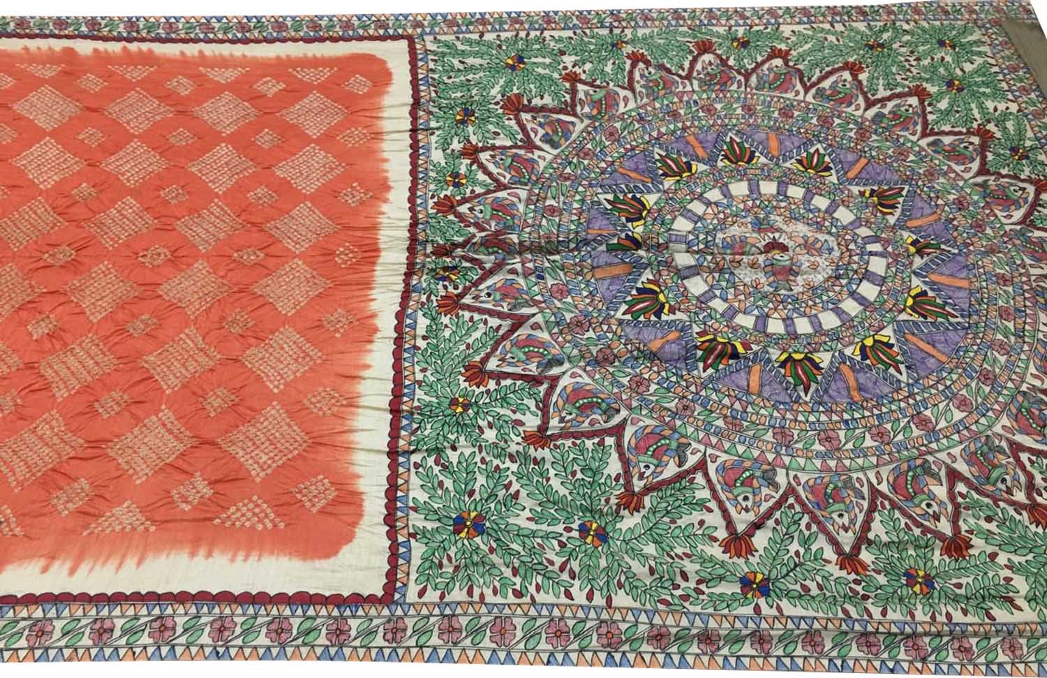 Orange Pure Tussar Silk Bandhani Saree With Hand Painted Madhubani Border Pallu - Luxurion World