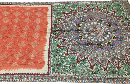 Orange Pure Tussar Silk Bandhani Saree With Hand Painted Madhubani Border Pallu - Luxurion World