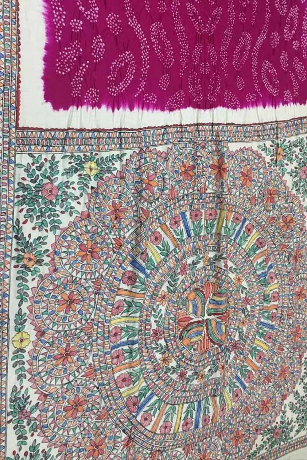 Pink Pure Tussar Silk Bandhani Saree With Hand Painted Madhubani Border Pallu - Luxurion World