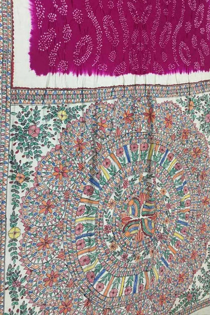 Pink Pure Tussar Silk Bandhani Saree With Hand Painted Madhubani Border Pallu - Luxurion World