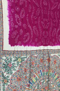 Pink Pure Tussar Silk Bandhani Saree With Hand Painted Madhubani Border Pallu - Luxurion World