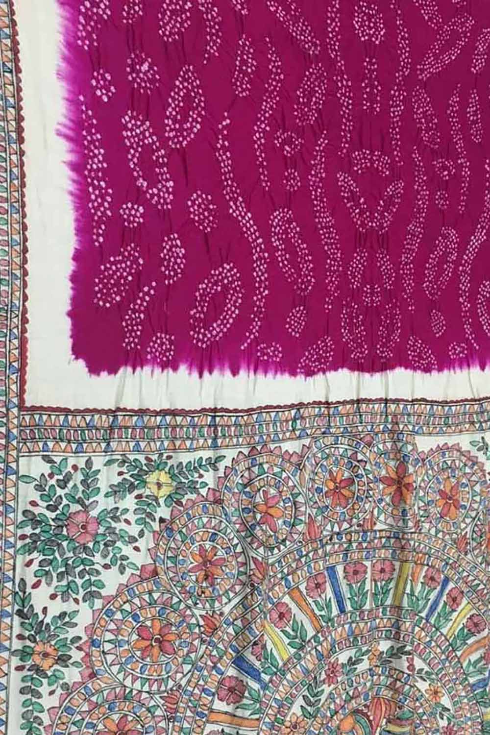 Pink Pure Tussar Silk Bandhani Saree With Hand Painted Madhubani Border Pallu - Luxurion World