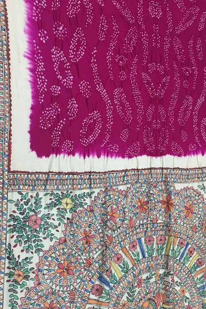Pink Pure Tussar Silk Bandhani Saree With Hand Painted Madhubani Border Pallu - Luxurion World