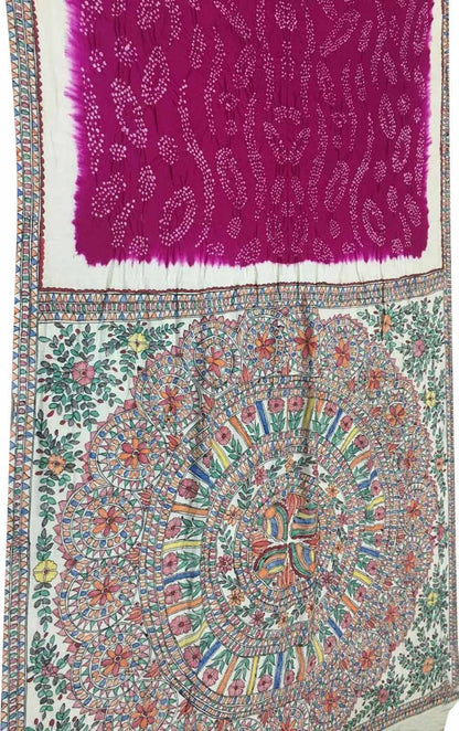 Pink Pure Tussar Silk Bandhani Saree With Hand Painted Madhubani Border Pallu - Luxurion World