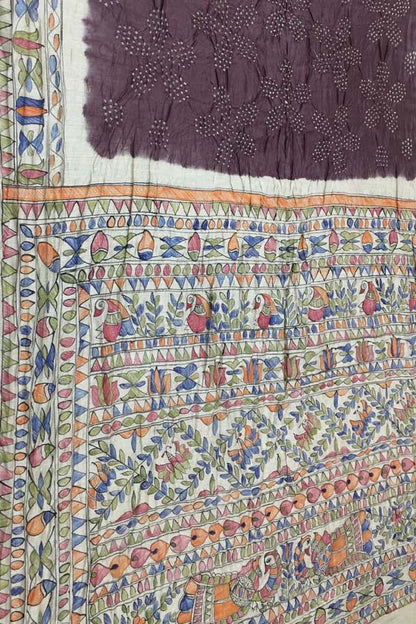 Elegant Brown Pure Tussar Silk Bandhani Saree With Hand Painted Madhubani Border Pallu - Luxurion World