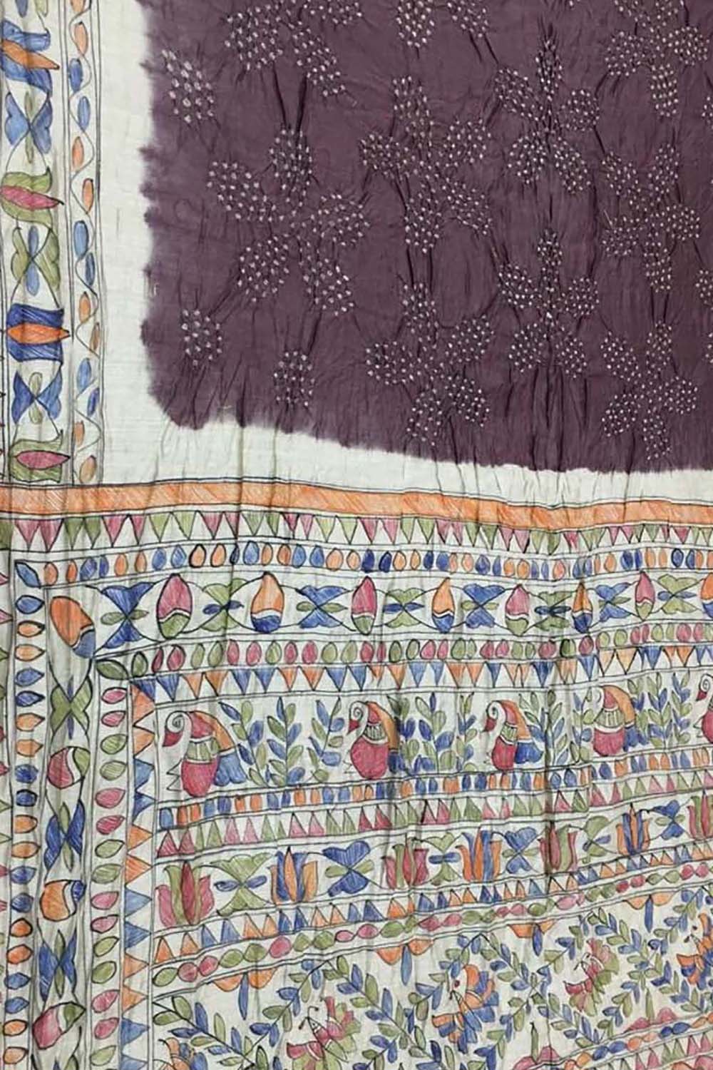 Elegant Brown Pure Tussar Silk Bandhani Saree With Hand Painted Madhubani Border Pallu - Luxurion World