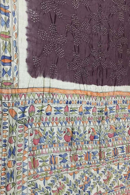 Elegant Brown Pure Tussar Silk Bandhani Saree With Hand Painted Madhubani Border Pallu - Luxurion World