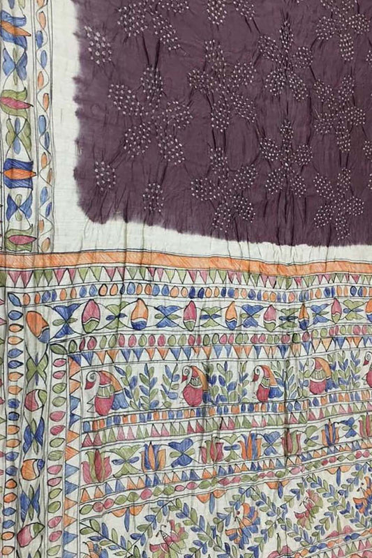 Elegant Brown Pure Tussar Silk Bandhani Saree With Hand Painted Madhubani Border Pallu