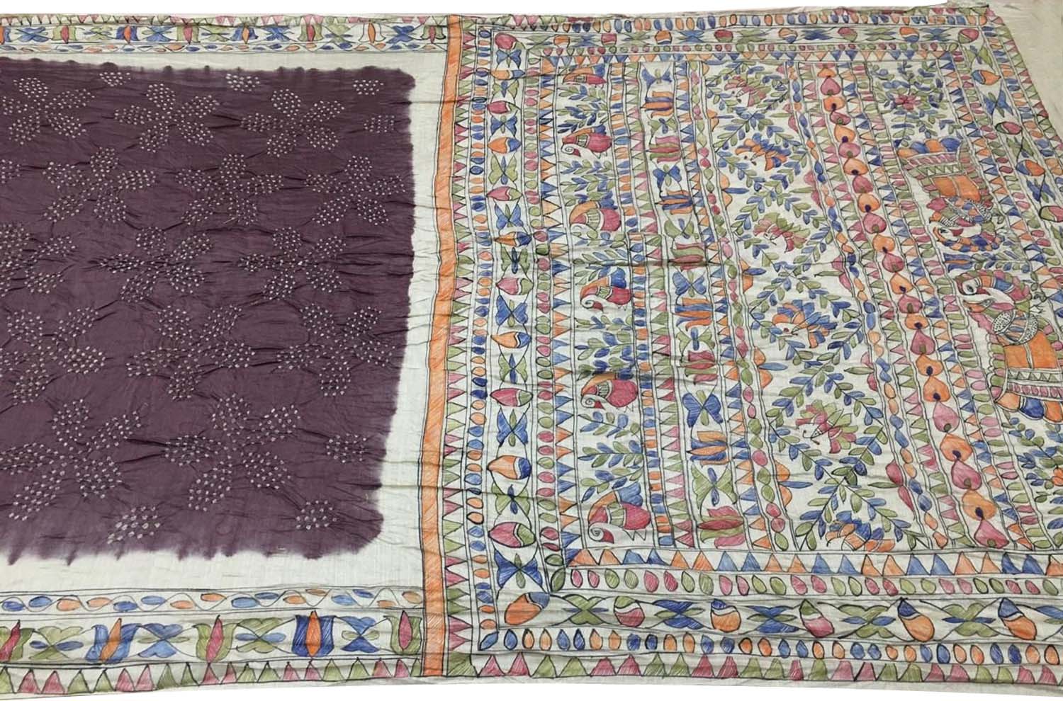 Elegant Brown Pure Tussar Silk Bandhani Saree With Hand Painted Madhubani Border Pallu - Luxurion World