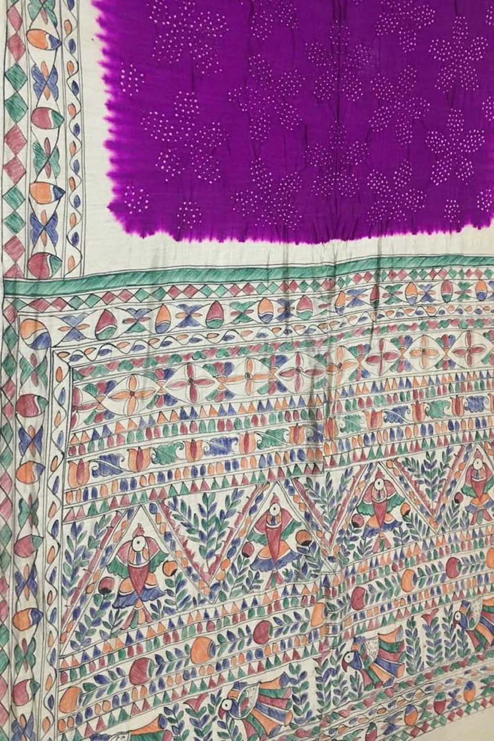Elegant Purple Pure Tussar Silk Bandhani Saree With Hand Painted Madhubani Border Pallu - Luxurion World