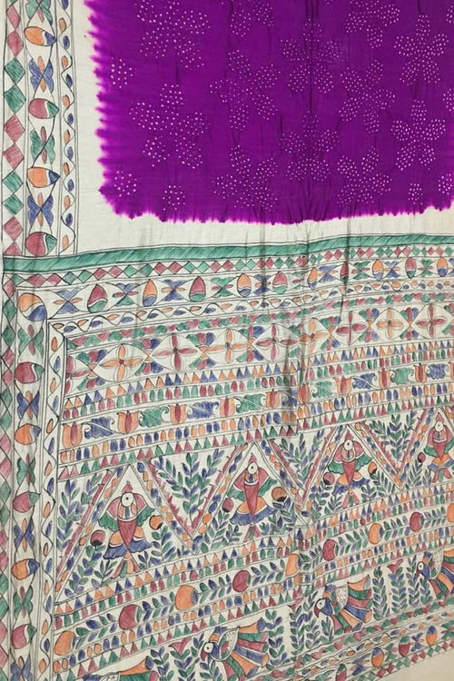 Elegant Purple Pure Tussar Silk Bandhani Saree With Hand Painted Madhubani Border Pallu - Luxurion World