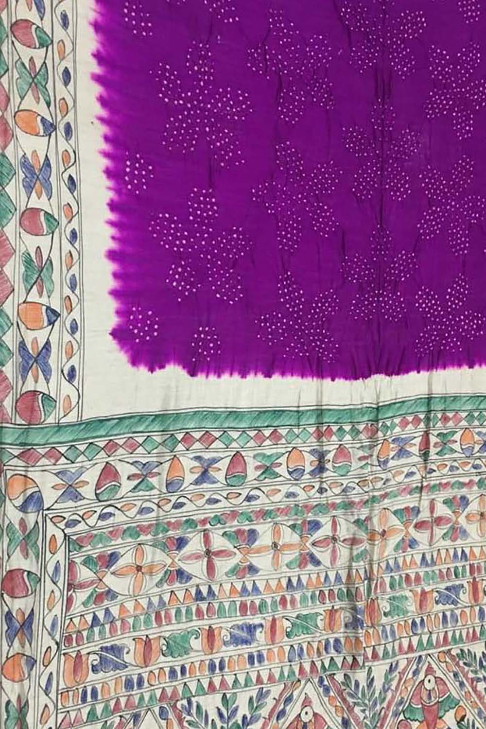 Elegant Purple Pure Tussar Silk Bandhani Saree With Hand Painted Madhubani Border Pallu - Luxurion World