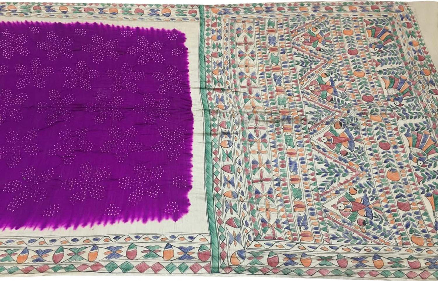 Elegant Purple Pure Tussar Silk Bandhani Saree With Hand Painted Madhubani Border Pallu - Luxurion World
