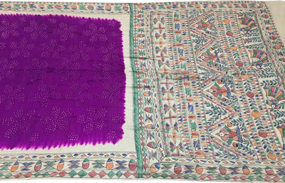 Elegant Purple Pure Tussar Silk Bandhani Saree With Hand Painted Madhubani Border Pallu - Luxurion World