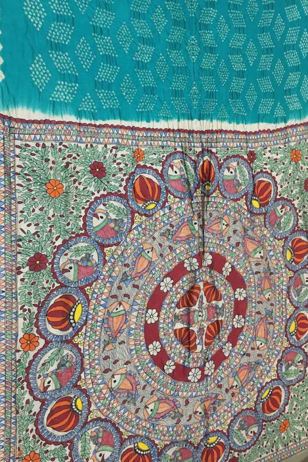 Blue Pure Tussar Silk Bandhani Saree With Hand Painted Madhubani Border Pallu - Luxurion World