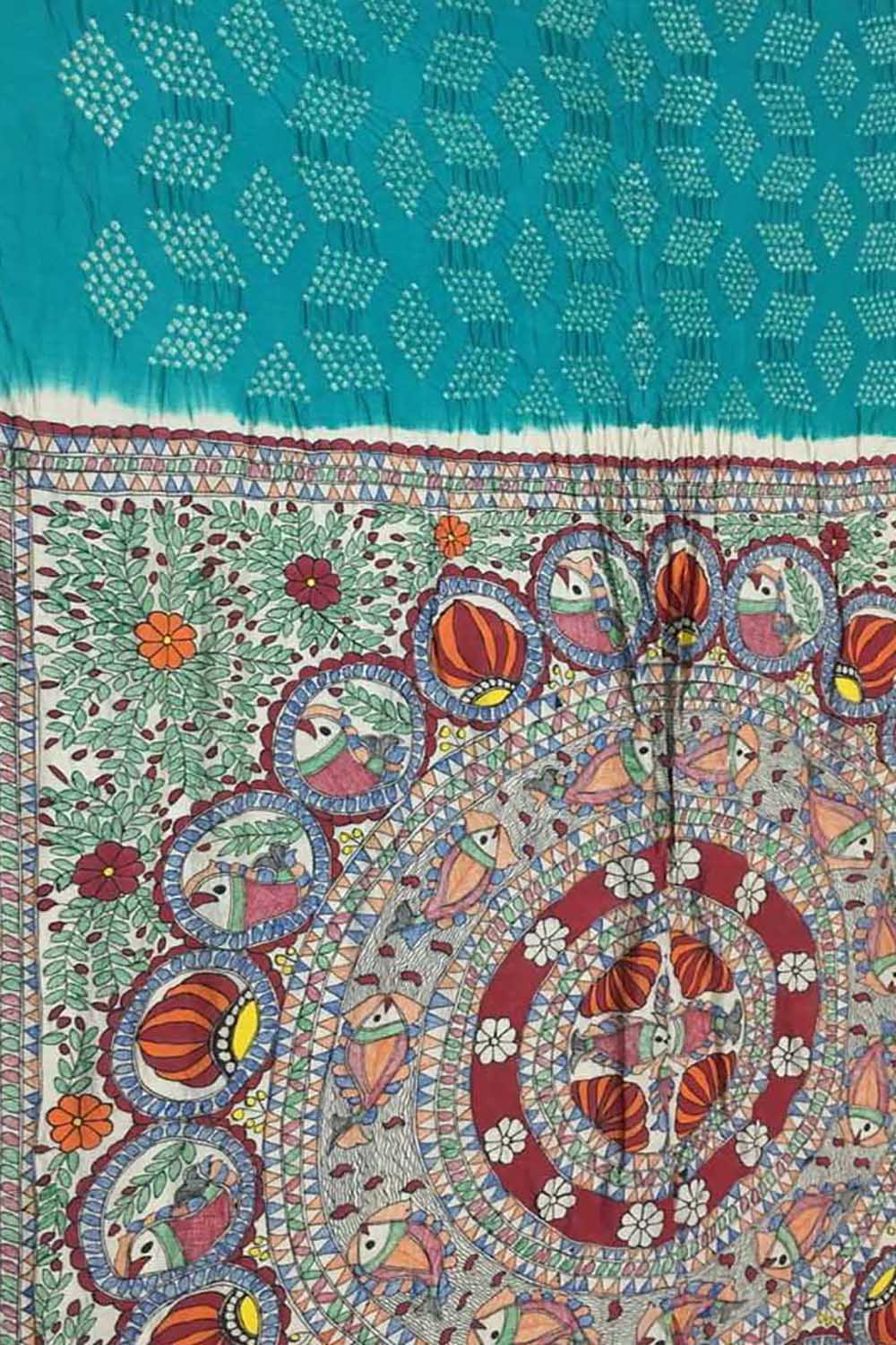 Blue Pure Tussar Silk Bandhani Saree With Hand Painted Madhubani Border Pallu - Luxurion World