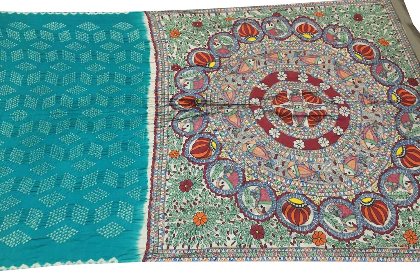 Blue Pure Tussar Silk Bandhani Saree With Hand Painted Madhubani Border Pallu - Luxurion World