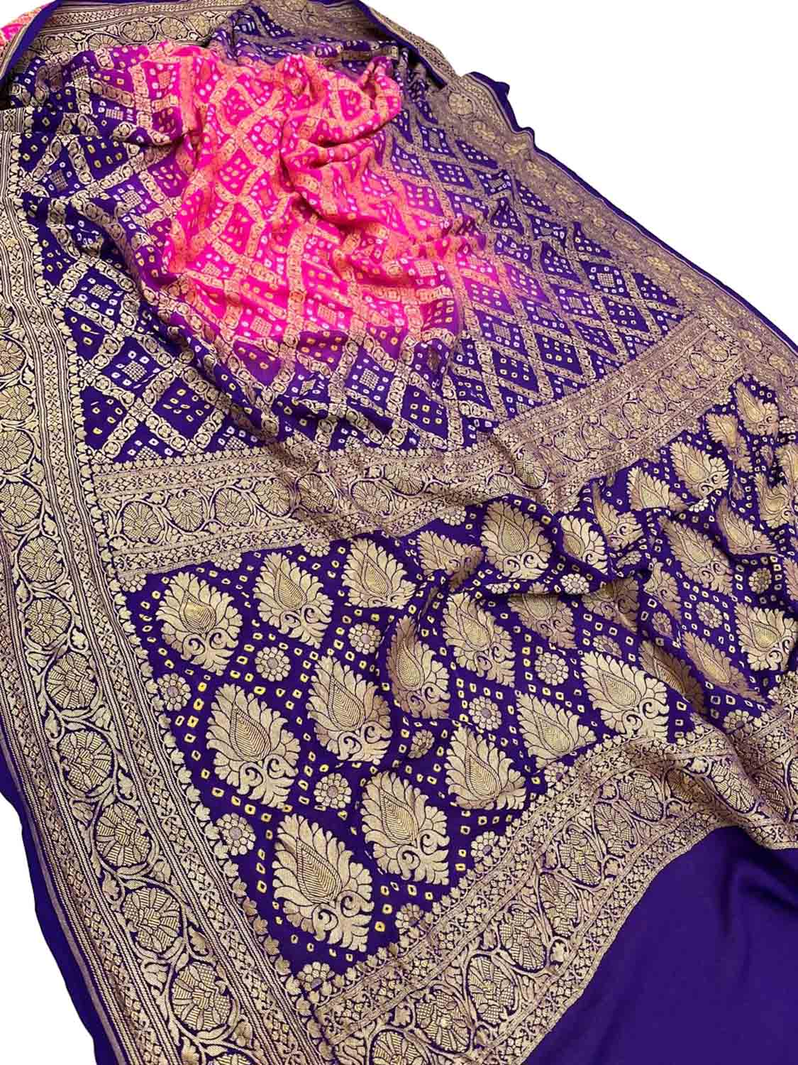 Stunning Pink & Blue Banarasi Bandhani Georgette Saree - Luxurion World