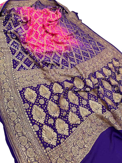 Stunning Pink & Blue Banarasi Bandhani Georgette Saree - Luxurion World