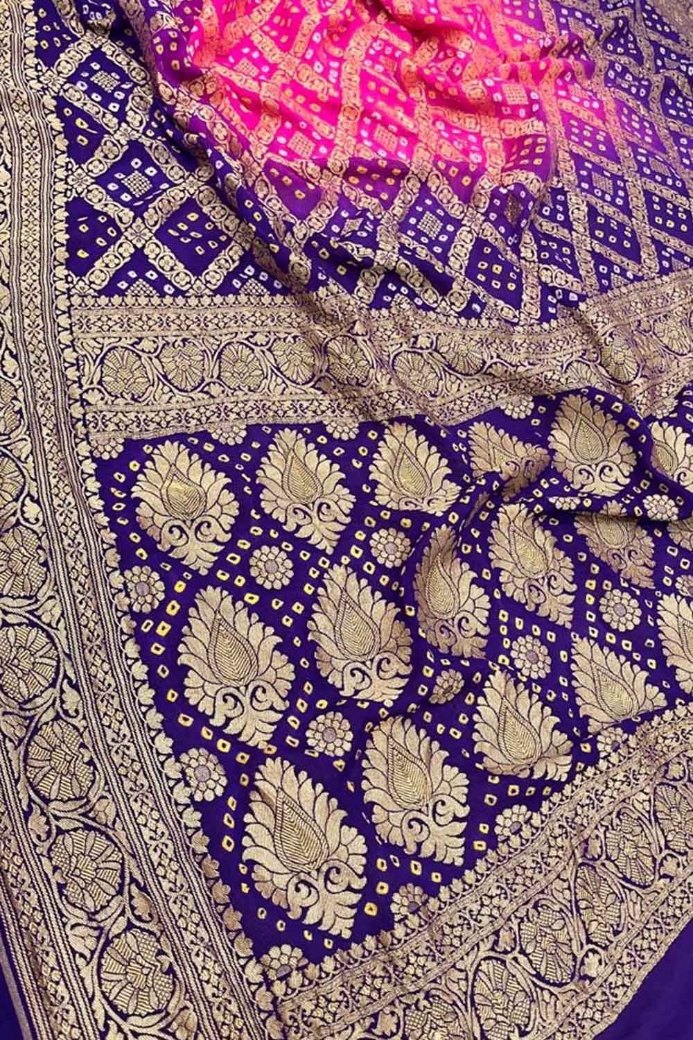 Stunning Pink & Blue Banarasi Bandhani Georgette Saree - Luxurion World