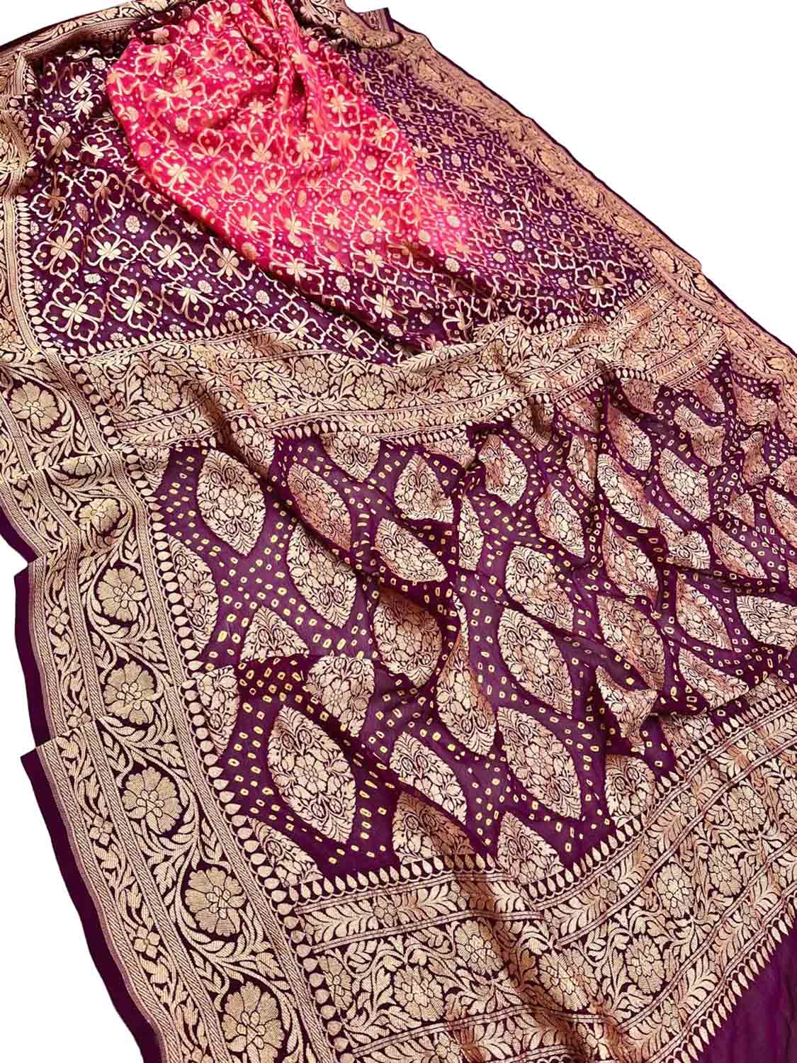 Pink & Maroon Banarasi Bandhani Georgette Saree - Luxurion World