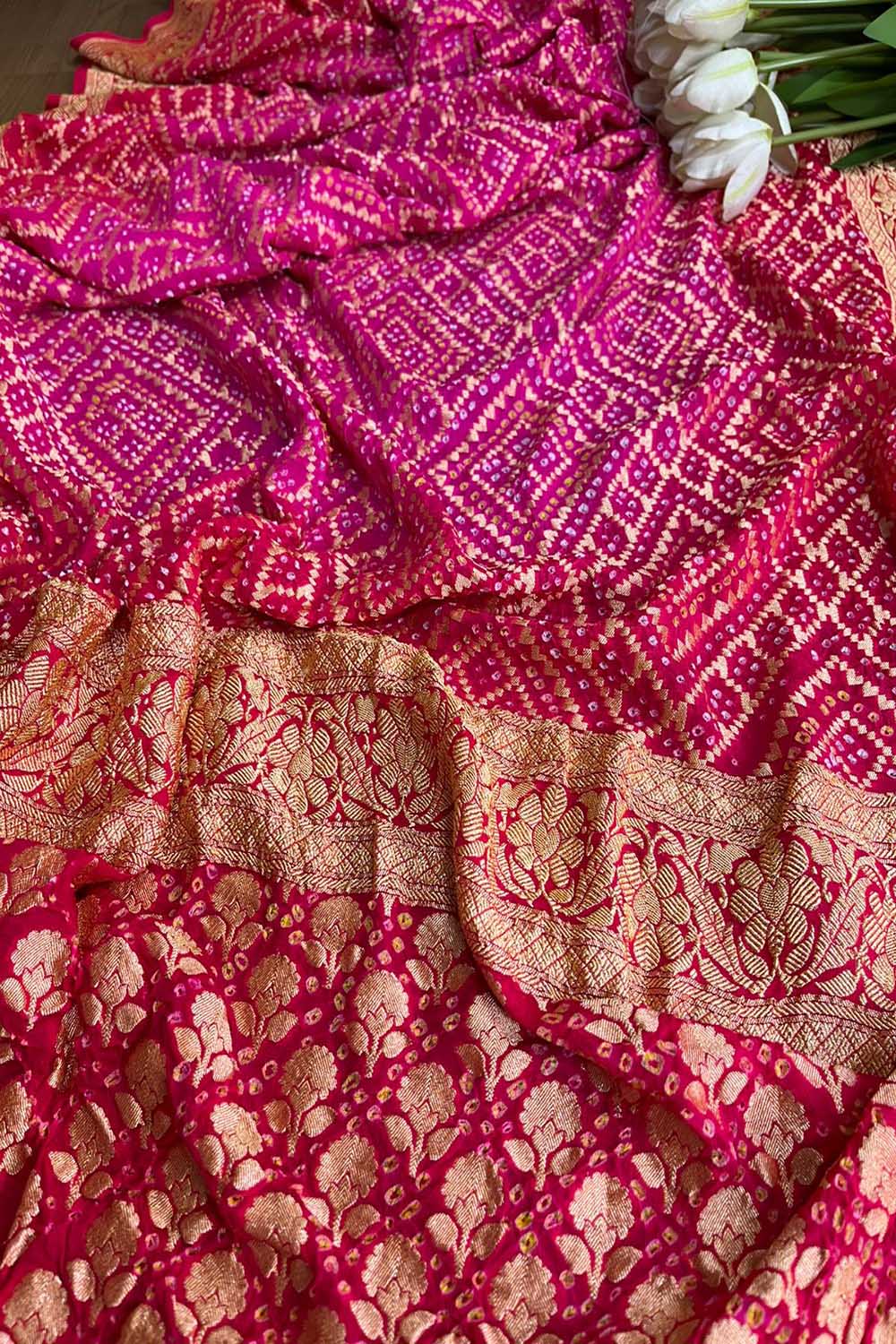 Stunning Pink Banarasi Bandhani Pure Georgette Saree - Luxurion World