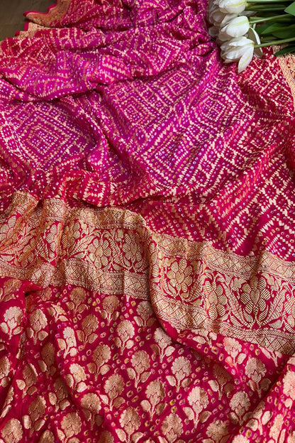Stunning Pink Banarasi Bandhani Pure Georgette Saree - Luxurion World