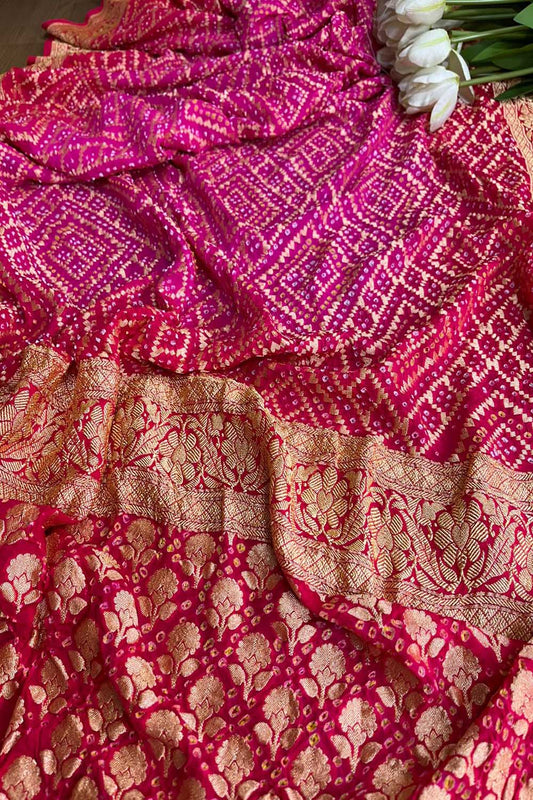 Stunning Pink Banarasi Bandhani Pure Georgette Saree - Luxurion World