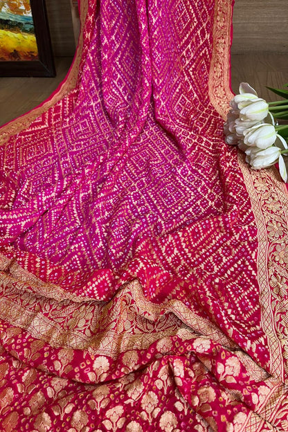 Stunning Pink Banarasi Bandhani Pure Georgette Saree - Luxurion World