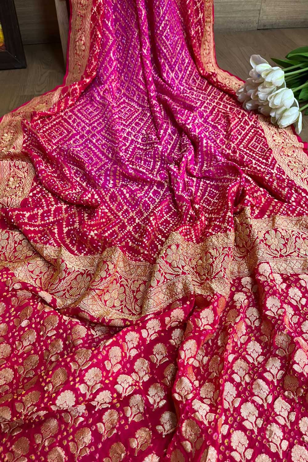 Stunning Pink Banarasi Bandhani Pure Georgette Saree - Luxurion World