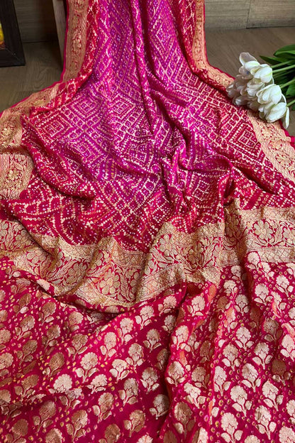 Stunning Pink Banarasi Bandhani Pure Georgette Saree - Luxurion World