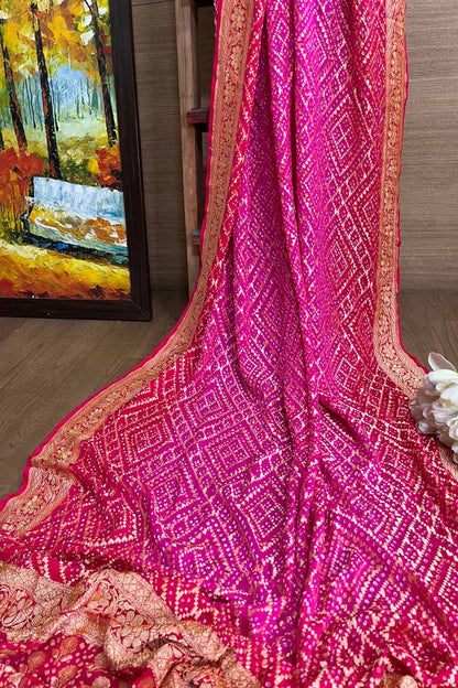 Stunning Pink Banarasi Bandhani Pure Georgette Saree - Luxurion World