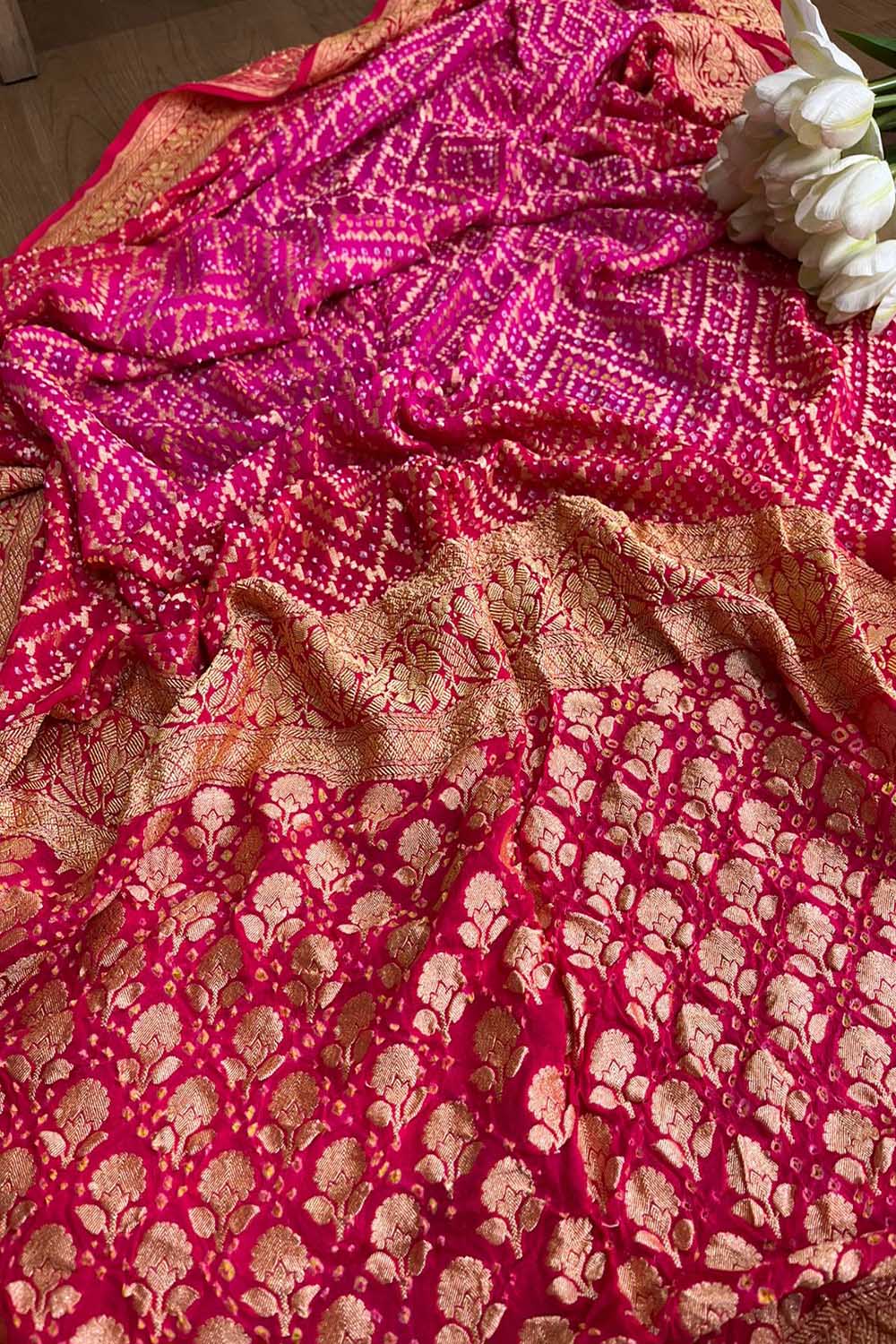 Stunning Pink Banarasi Bandhani Pure Georgette Saree - Luxurion World