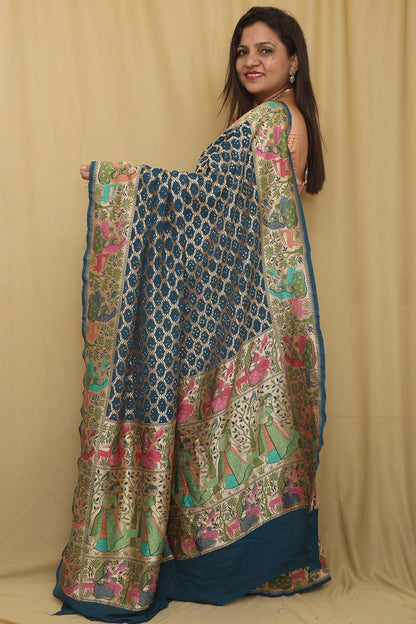 Elegant Blue Banarasi Bandhani Pure Georgette Meenakari Saree - Luxurion World