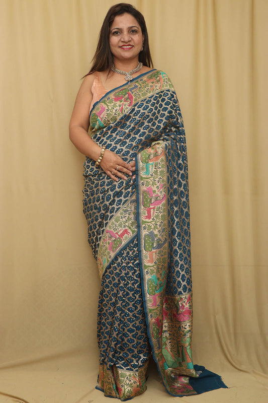 Elegant Blue Banarasi Bandhani Pure Georgette Meenakari Saree - Luxurion World