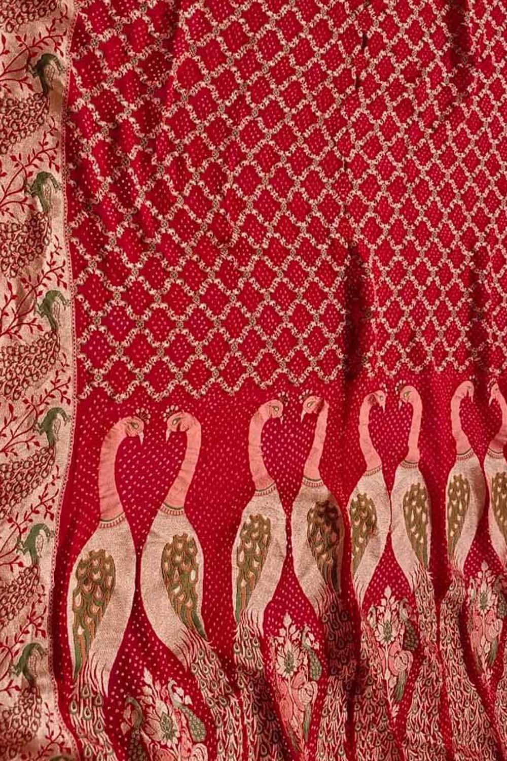 Red Banarasi Bandhani Pure Georgette Meenakari Saree - Luxurion World