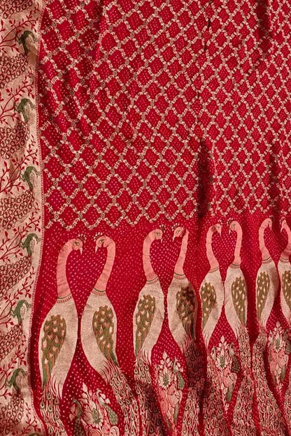 Red Banarasi Bandhani Pure Georgette Meenakari Saree - Luxurion World