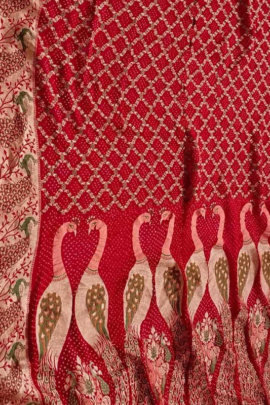 Red Banarasi Bandhani Pure Georgette Meenakari Saree - Luxurion World