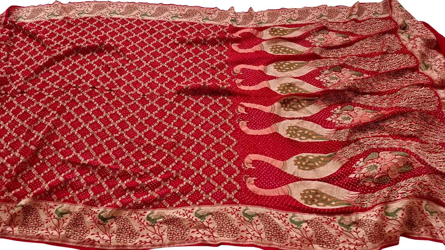 Red Banarasi Bandhani Pure Georgette Meenakari Saree - Luxurion World