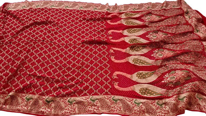 Red Banarasi Bandhani Pure Georgette Meenakari Saree - Luxurion World