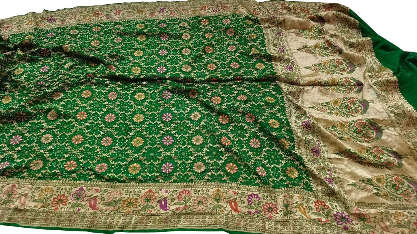 Green Banarasi Bandhani Pure Georgette Meenakari Saree - Luxurion World