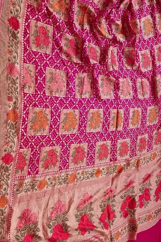 Stunning Pink Banarasi Bandhani Pure Georgette Meenakari Saree - Luxurion World